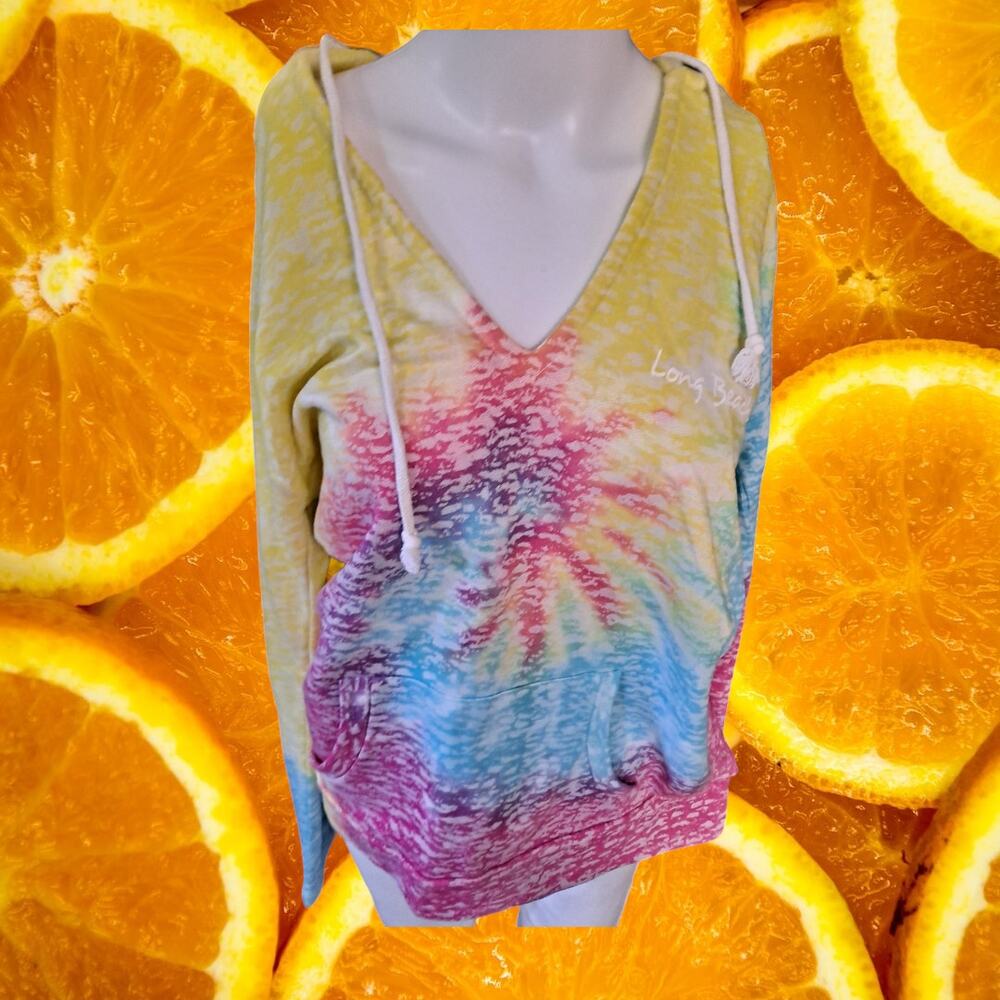 Popular Long Beach Island V Neck Tie Dye Hoodie Sweatshirt Size Large